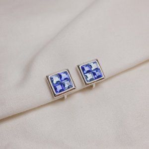 Blue Rhinestone Checkered Square Clip On Earrings
